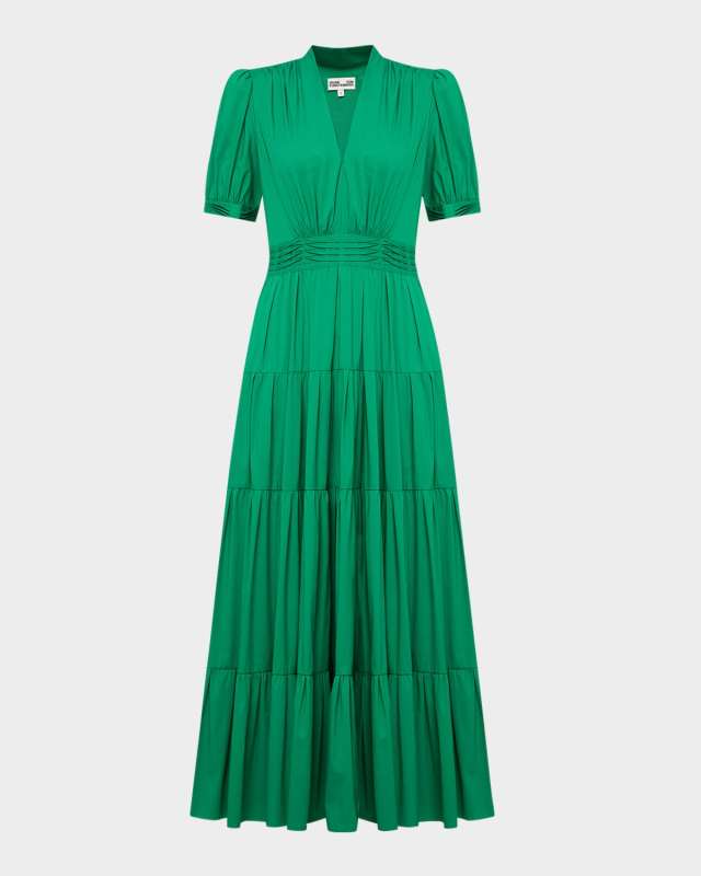 Darby Tiered Puff-Sleeve Pintuck Midi Dress